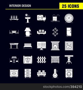 Interior Design Solid Glyph Icons Set For Infographics, Mobile UX/UI Kit And Print Design. Include: Medical, File, Document, Table, Bidet, Furniture, Water, Mirror, Eps 10 - Vector