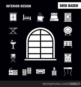 Interior Design Solid Glyph Icons Set For Infographics, Mobile UX/UI Kit And Print Design. Include: Furniture, Household, Washbasin, Door, Lock, Room, Furniture, Cooking, Icon Set - Vector
