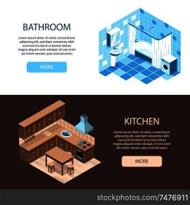 Interior design specialists online 2 isometric horizontal web banners with kitchen and bathroom organization ideas vector illustration