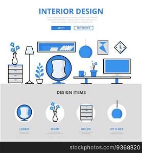 Interior design studio room indoor furniture concept flat line art vector icons. Modern website infographics illustration hero image web banner. Lineart collection.