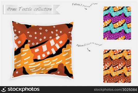Interior design textile patterns. Realistic satin decorative pillow mock up with seamless pattern isolated on white. Two hand drawn seamless patterns with rough texture.