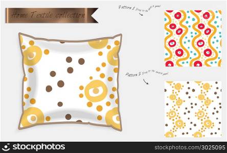 Interior design textile patterns. Realistic satin decorative pillow mock up with seamless pattern isolated on white. Two hand drawn seamless patterns with rough texture.