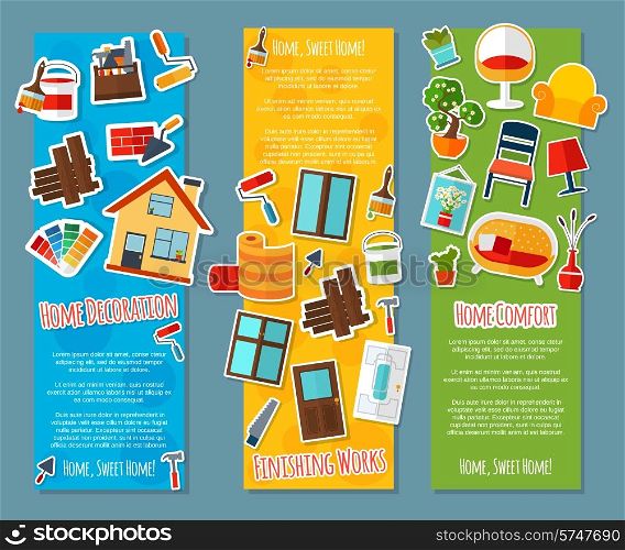 Interior design vertical banners paper set with home comfort finishing works isolated vector illustration