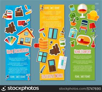 Interior design vertical banners paper set with home comfort finishing works isolated vector illustration