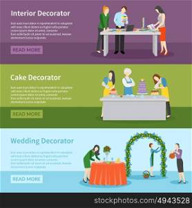 Interior Design Wedding Decoration Banners Set . Interior design and wedding ceremony decoration ideas 3 flat banners webpage with read more button vector illustration