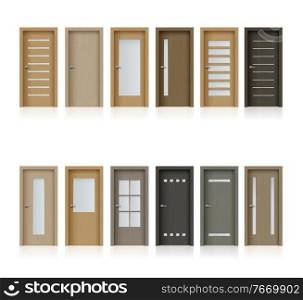 Interior doors isolated vector realistic design elements for room or office decoration, 3d wooden brown doorways with metal doorknobs and glass windows. Domestic or hotel closed residential doors set. Interior doors isolated vector realistic design