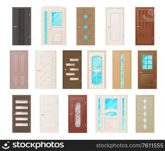 Interior doors, room doorways and entrances vector design. Closed doors with wooden frames and casings, metal handles and hinges, glass panels and sidelites, decorated with geometric ornaments. Interior doors, room doorways and entrances