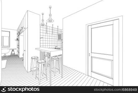Interior drawing. Line drawing of the interior on a white background