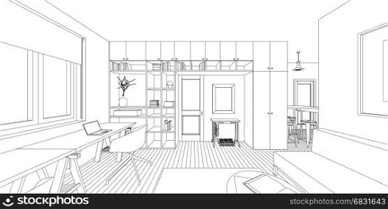 Interior drawing. Outline sketch of a interior living room.