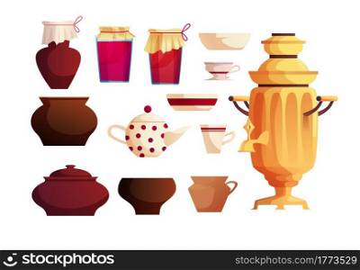 Interior elements of the Russian cuisine. Ancient Russian samovar, kettle, jars, pots, kitchen utensils. Vector cartoon illustration.