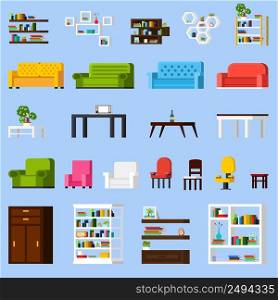 Interior elements orthogonal icon set of different bookshelves sofas tables armchairs chairs and racks isolated vector illustration. Interior Elements Orthogonal Icon Set