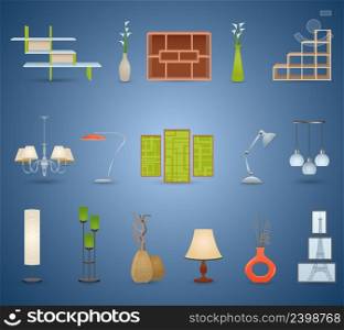 Interior elements set with bookshelves lamps and vases isolated vector illustration. Interior Elements Set