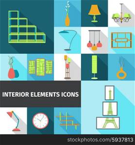 Interior elements with shelves and lamps flat icons set isolated vector illustration. Interior Elements Flat