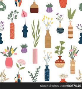 Interior flower vases seamless pattern. Floral background of vector scandinavian ceramic vases, bottles, pots and jars, green plant leaves and dried herbs, calla lily, tulips and hydrangea. Interior flower vases, floral seamless pattern