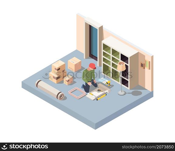 Interior furniture craft. Men assembly new desk or wooden wardrobe in room renovation home interior installing appliance garish vector Isometric carpentry worker, repair and fixing illustration. Interior furniture craft. Men assembly new desk or wooden wardrobe in room renovation home interior installing appliance garish vector isometric