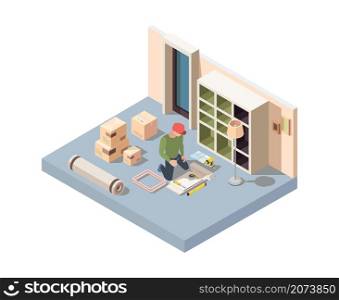 Interior furniture craft. Men assembly new desk or wooden wardrobe in room renovation home interior installing appliance garish vector Isometric carpentry worker, repair and fixing illustration. Interior furniture craft. Men assembly new desk or wooden wardrobe in room renovation home interior installing appliance garish vector isometric