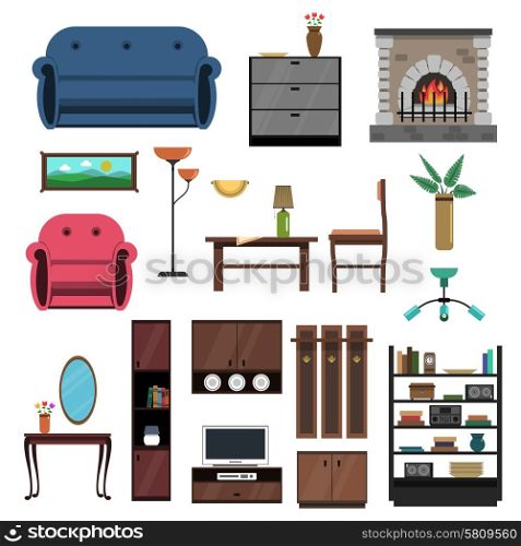 Interior furniture decorative icons flat set with desk sofa armchair isolated vector illustration. Interior Icons Flat Set