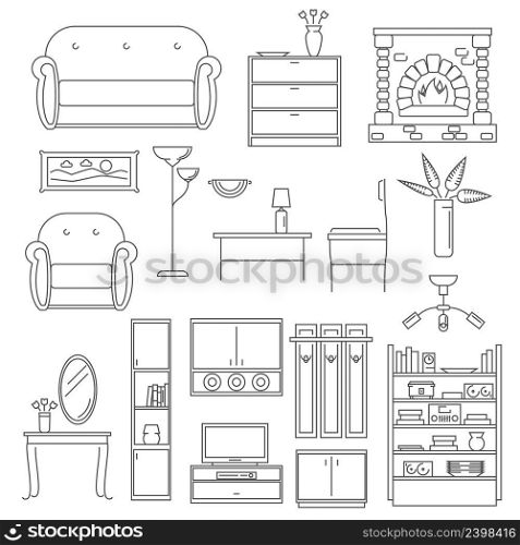 Interior furniture icons line set with chair table l&isolated vector illustration. Interior Icons Line Set