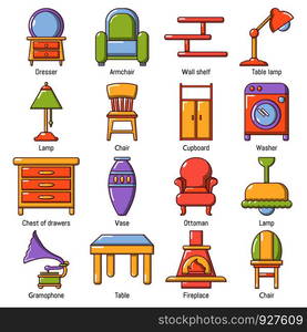 Interior furniture icons set. Carrtoon illustration of 16 interior furniture vector icons for web. Interior furniture icons set, cartoon style