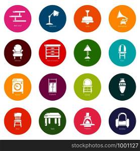 Interior furniture icons set vector colorful circles isolated on white background . Interior furniture icons set colorful circles vector