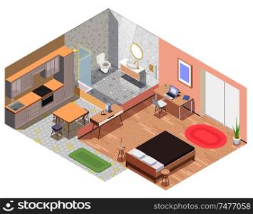 Interior furniture isometric colored composition the layout of the apartment with kitchen bathroom living room equipped with furniture vector illustration