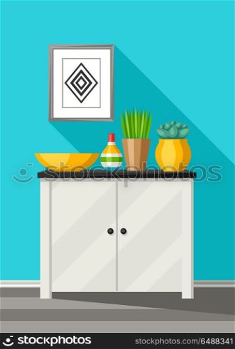 Interior home decor. Cupboard with vases and picture.. Interior home decor. Cupboard with vases and picture. Illustration in flat style.
