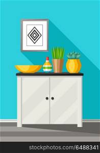 Interior home decor. Cupboard with vases and picture.. Interior home decor. Cupboard with vases and picture. Illustration in flat style.