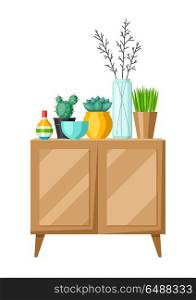 Interior home decor. Cupboard with vases and plants.. Interior home decor. Cupboard with vases and plants. Illustration in flat style.