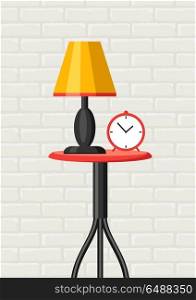 Interior home decor. Table, lamp and clock.. Interior home decor. Table, lamp and clock. Illustration in flat style.