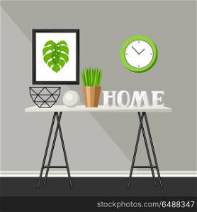 Interior home decor. Table with vases and picture.. Interior home decor. Table with vases and picture. Illustration in flat style.