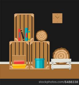 Interior home decor. Wooden boxes.. Interior home decor. Wooden boxes. Illustration in flat style.