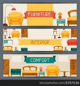 Interior horizontal banners with furniture in retro style.