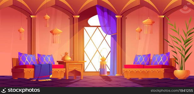 Interior in arabic style, middle east room on hotel or palace with oriental furniture, arched windows, lanterns and potted plant, teapot on table, arab moroccan design, Cartoon vector illustration. Interior in arabic style, middle east room design