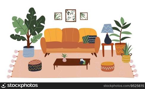 Interior in scandinavian hygge style. Comfy sofa and home decorations set. Cozy living room or apartments with plant,carpet, home elements. Flat vector illustration.