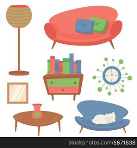 Interior indoor living room design elements set with sofa clock mirror isolated vector illustration
