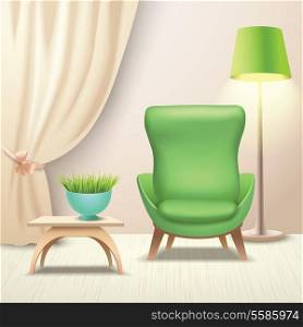 Interior indoor living room design with armchair and coffee table vector illustration
