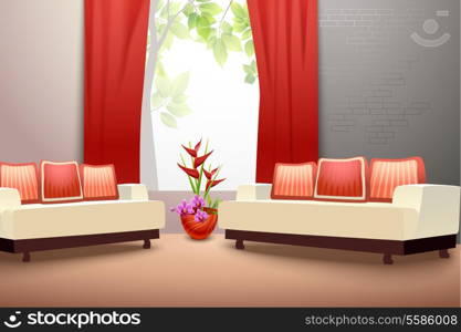 Interior indoor living room design with couch vase and window curtains vector illustration