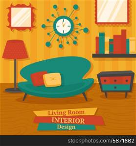 Interior indoor living room design with sofa lamp and bookshelf vector illustration