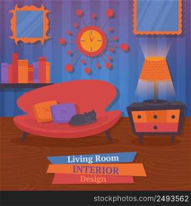 Interior indoor living room design with sofa mirror clock vector illustration