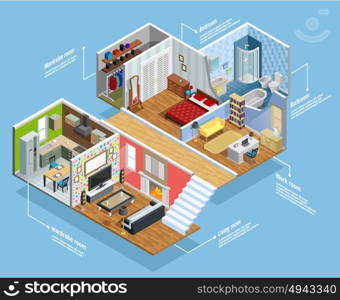 Interior Isometric Composition . Interior isometric composition with furniture rooms and comfort symbols vector illustration