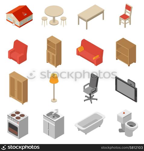 Interior isometric icons set with 3d bookshelf couch chair isolated vector illustration. Interior Isometric Icons Set