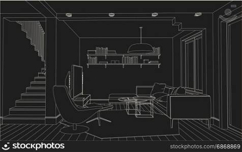 Interior. Line drawing of the interior on a black background