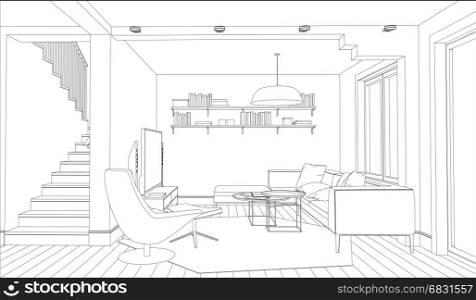 Interior. Line drawing of the interior on a white background