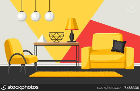 Interior living room. Furniture and home decor.. Interior living room. Furniture and home decor. Illustration in flat style.