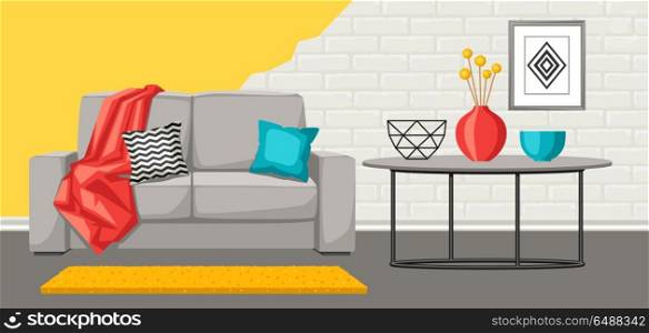 Interior living room. Furniture and home decor.. Interior living room. Furniture and home decor. Illustration in flat style.