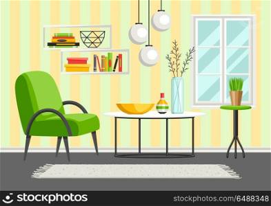 Interior living room. Furniture and home decor.. Interior living room. Furniture and home decor. Illustration in flat style.