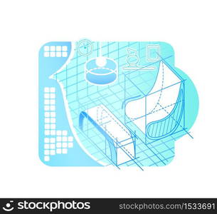 Interior modeling in cyberspace 2D vector web banner, poster. Virtual reality design flat object on cartoon background. Simulator for entertainment. Room plan futuristic projection colorful scene. Interior modeling in cyberspace 2D vector web banner, poster