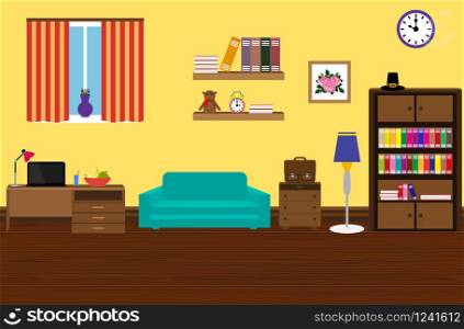 Interior modern and stylish room with a sofa, a wardrobe, a desk with a laptop, shelves of books . Interior modern and stylish room with a sofa, wardrobe, desk