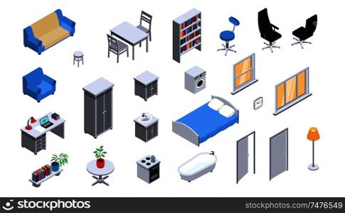 Interior objects appliances furniture lighting isometric icons set with sofa bed bookcase office chair oven vector illustration