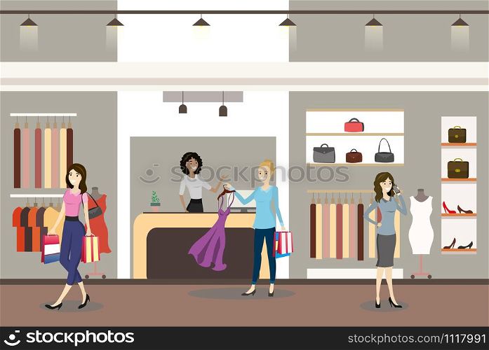 interior of a modern and fashionable clothing store,caucasian female cashier and and women buyers,flat vector illustration. ,caucasian female cashier and and women buyers